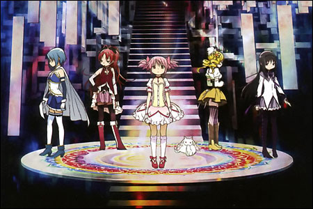 Sayaka, Kyoko, Madoka, Kyubey, Mami, and Homura