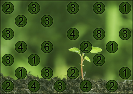 Graphic shows a Hashi puzzle. The numbers within the dark green circles are black. The background of the entire puzzle is a photograph of a young plant sprout, reddish stem, and small green leaves, coming up amidst what appears to be mosses. The focus is on the young plant, with the background of blurred shades of green.