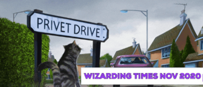 An illustration of a cat looking at a sign that says 'Privet Drive.' Overlaid in the right-hand corner is a white box that says, in purple writing, 'Wizarding Times Nov 2020