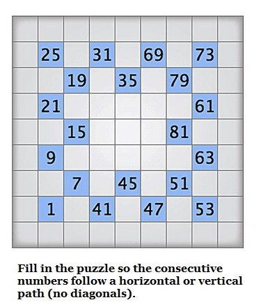 Graphic shows a Numbrix puzzle with directions on completion underneath.