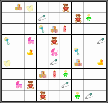 Graphic shows a sudoku puzzle. Pictures within it are of the beginnings of life for a baby - safety pins, teddy bears, carriages, rattles, rubber duckies, building blocks, and the like.