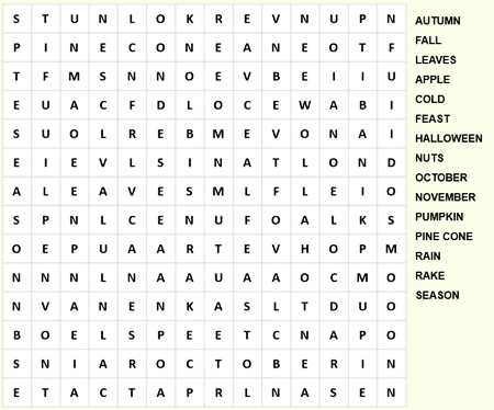 Graphic shows a rectangular word search, with words to find on the right hand side.