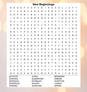 Graphic shows word search with words related to beginnings - like dawning, kickoff, inception, and spring - for everyone to find.