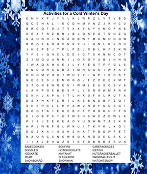 A word search puzzle on a background of dark blue scattered with snowflakes of shimmering shades of blue-white