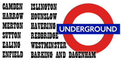 The list of words to put in the criss cross, written in bold black with a symbol for the London Underground on the right