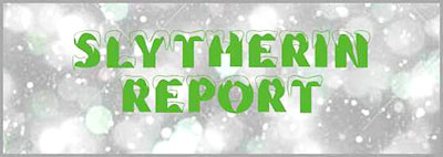 A grey snowy background with green snow-capped letters saying 'Slytherin Report'