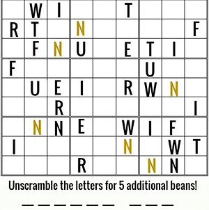 A sudoku puzzle, made with different letters in colours of black and gold. Under the puzzle is a note: 'Unscramble the letters for 5 additional beans!'