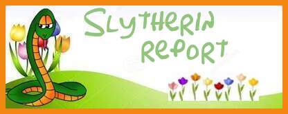 A coiled snake, lifting its neck and head in the left part, flowers bloom on a grassy hillside to the right with words in the sky saying 'Slytherin Report'