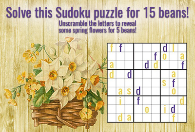 Words introducing Sudoku puzzle and a sudoku puzzle - all set on a background of wooden planks painted with a basket of spring flowers