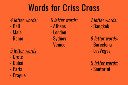the words for the criss-cross puzzle, which are the following: 4 letter words (Bali, Male, Rome), 5 letter words (Crete, Dubai, Paris, Prague), 6 letter words (Athens, London, Sydney, Venice), 7 letter words (Bangkok), 8 letter words (Barcelona, LasVegas), and 9 letter words (Santorini)