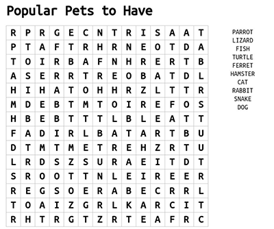 Graphic is of a word search.